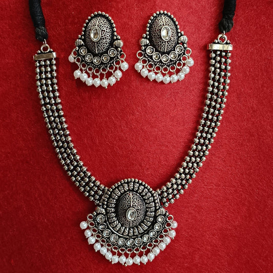 Silver Oxidised Plated Kundan Studded Pearl Choker Necklace Set- OXDNK 2319