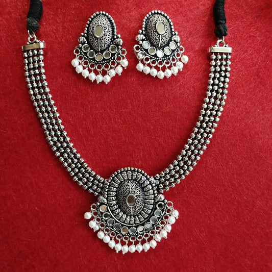 Silver Oxidised Plated Mirror Studded Pearl Choker Necklace Set- OXDNK 2319A