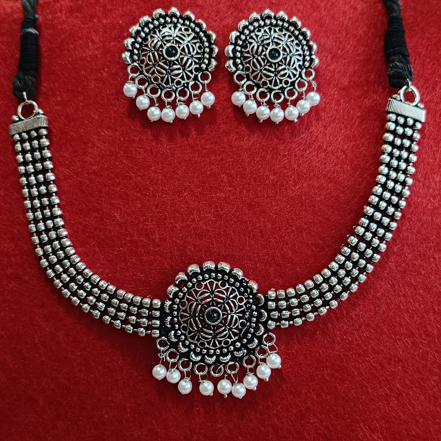 Silver Oxidised Plated Kundan Studded Pearl Choker Necklace Set- OXDNK 2320