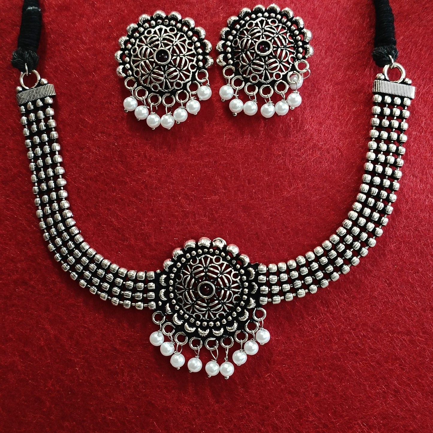Silver Oxidised Plated Kundan Studded Pearl Choker Necklace Set- OXDNK 2320