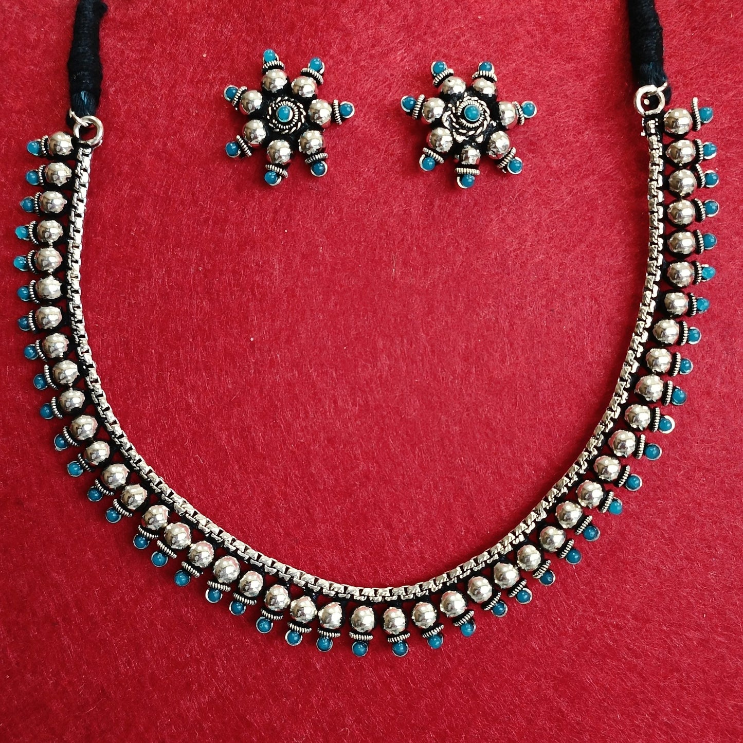 Silver Oxidised Plated Classic Choker Necklace Set- OXDNK 2321