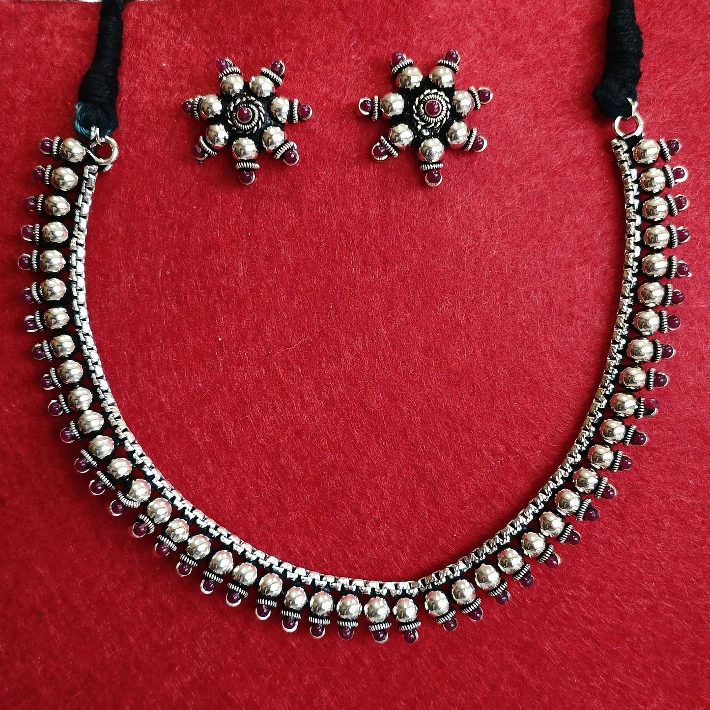 Silver Oxidised Plated Classic Choker Necklace Set- OXDNK 2321