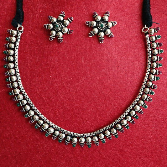 Silver Oxidised Plated Classic Choker Necklace Set- OXDNK 2321