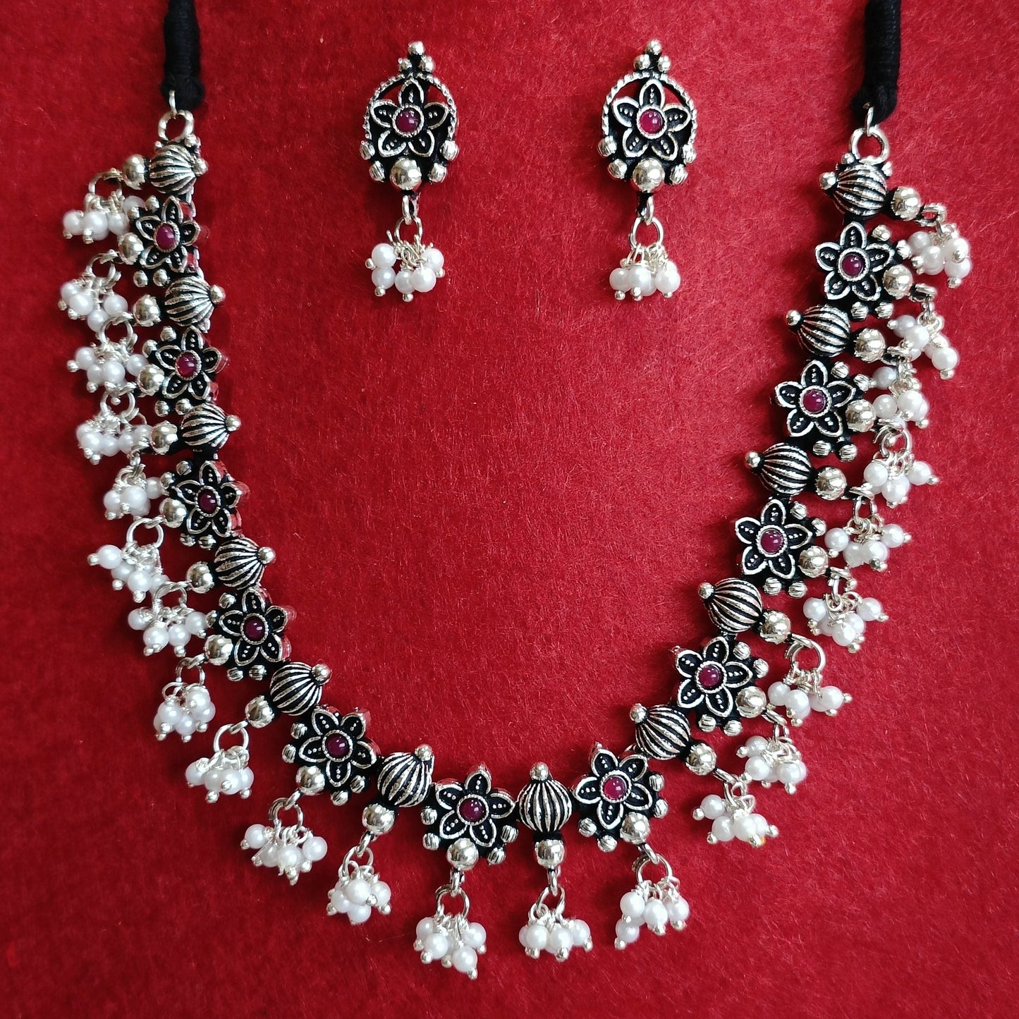 Silver Oxidised Plated Flower Design Kundan Studded Pearl Trendy Choker Necklace Set- OXDNK 2322