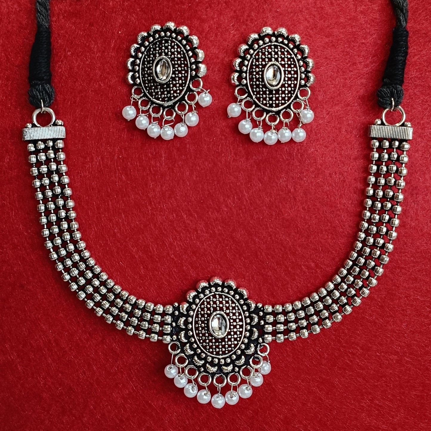Silver Oxidised Plated Kundan Studded Pearl Choker Necklace Set-OXDNK 2323