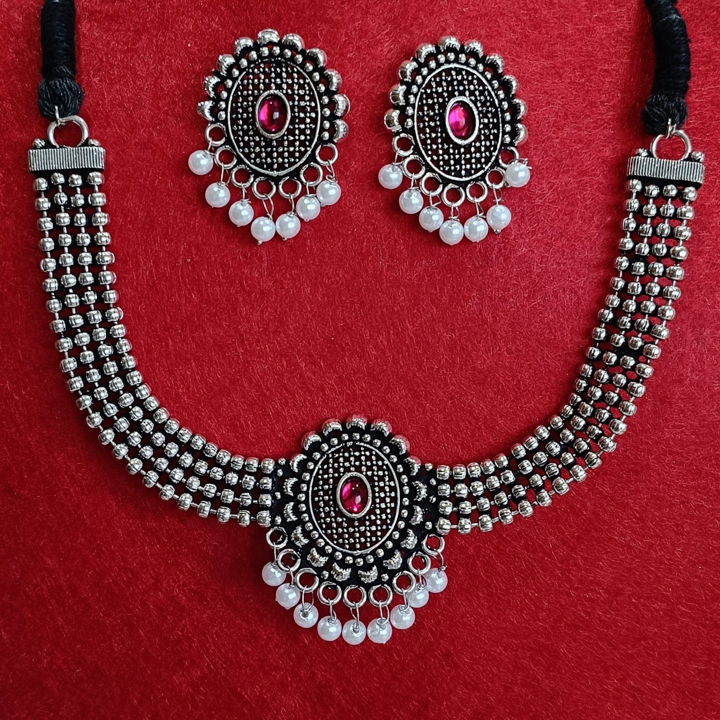 Silver Oxidised Plated Kundan Studded Pearl Choker Necklace Set-OXDNK 2323