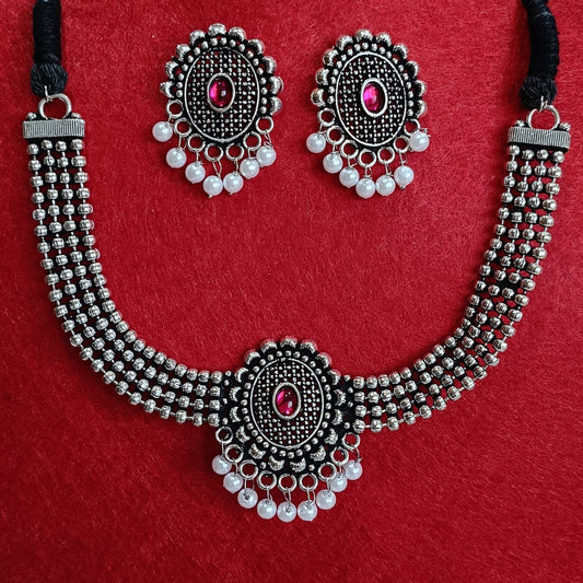 Silver Oxidised Plated Kundan Studded Pearl Choker Necklace Set-OXDNK 2323