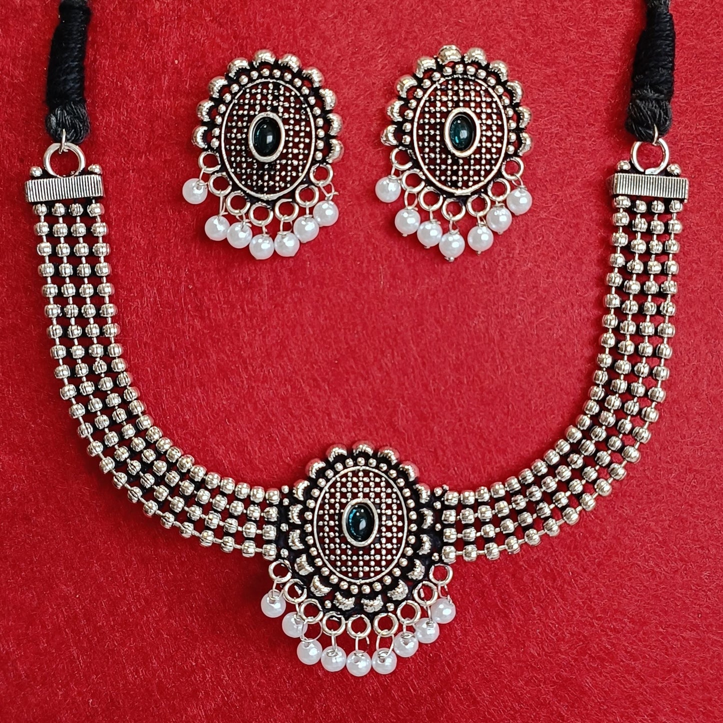 Silver Oxidised Plated Kundan Studded Pearl Choker Necklace Set-OXDNK 2323