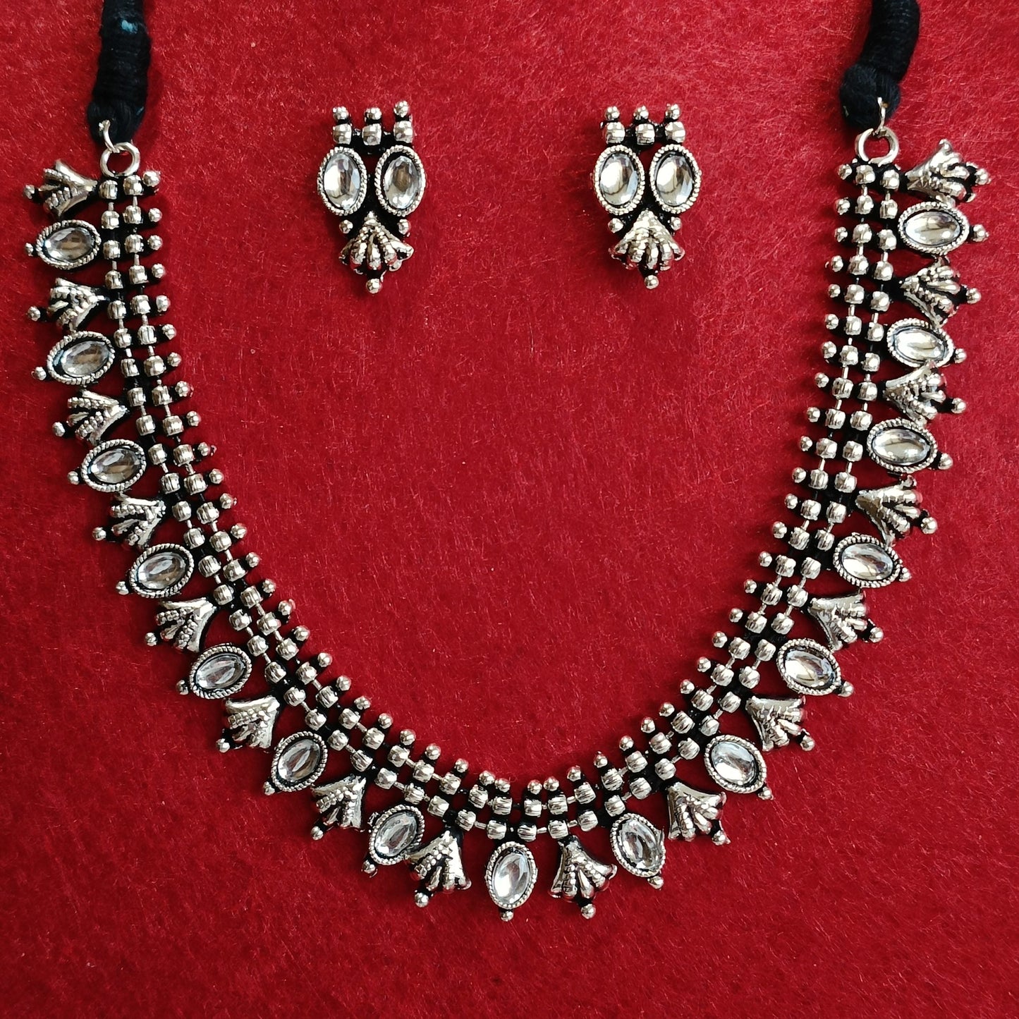 Silver Oxidised Plated Kundan Studded Delicate Choker Necklace Set- OXDNK 2324