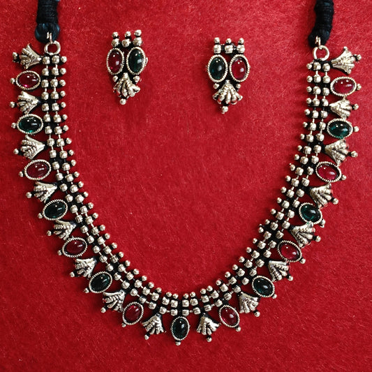 Silver Oxidised Plated Kundan Studded Delicate Choker Necklace Set- OXDNK 2324