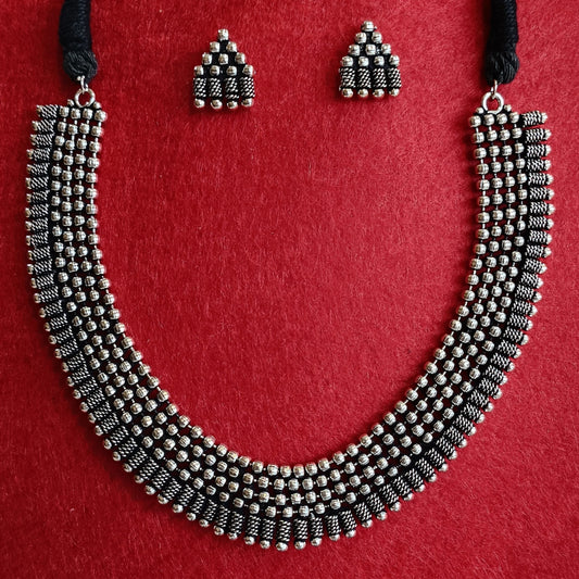 Silver Oxidised Plated Delicate Choker Necklace Set- OXDNK 2329