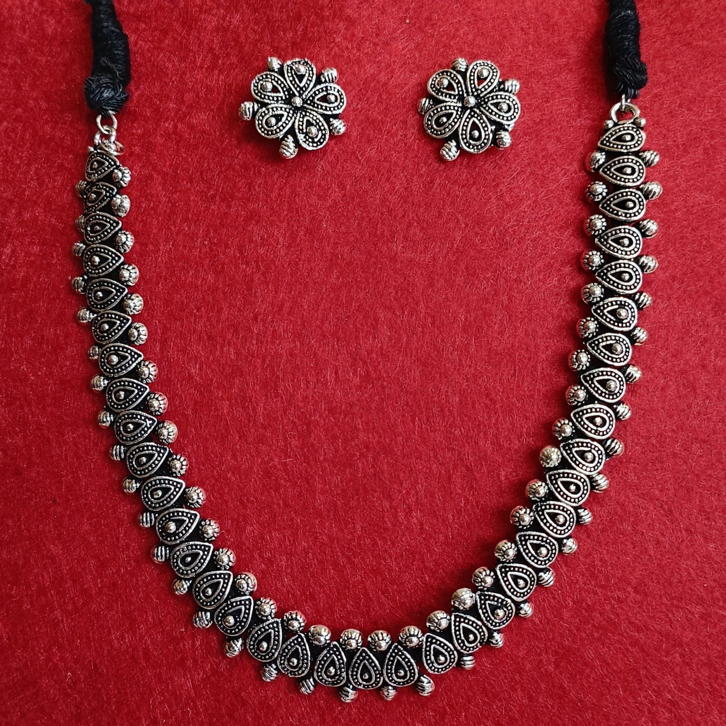 Silver Oxidised Plated Delicate Design Choker Necklace Set-OXDNK 2330