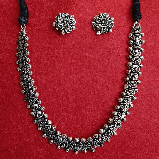 Silver Oxidised Plated Delicate Design Choker Necklace Set-OXDNK 2330