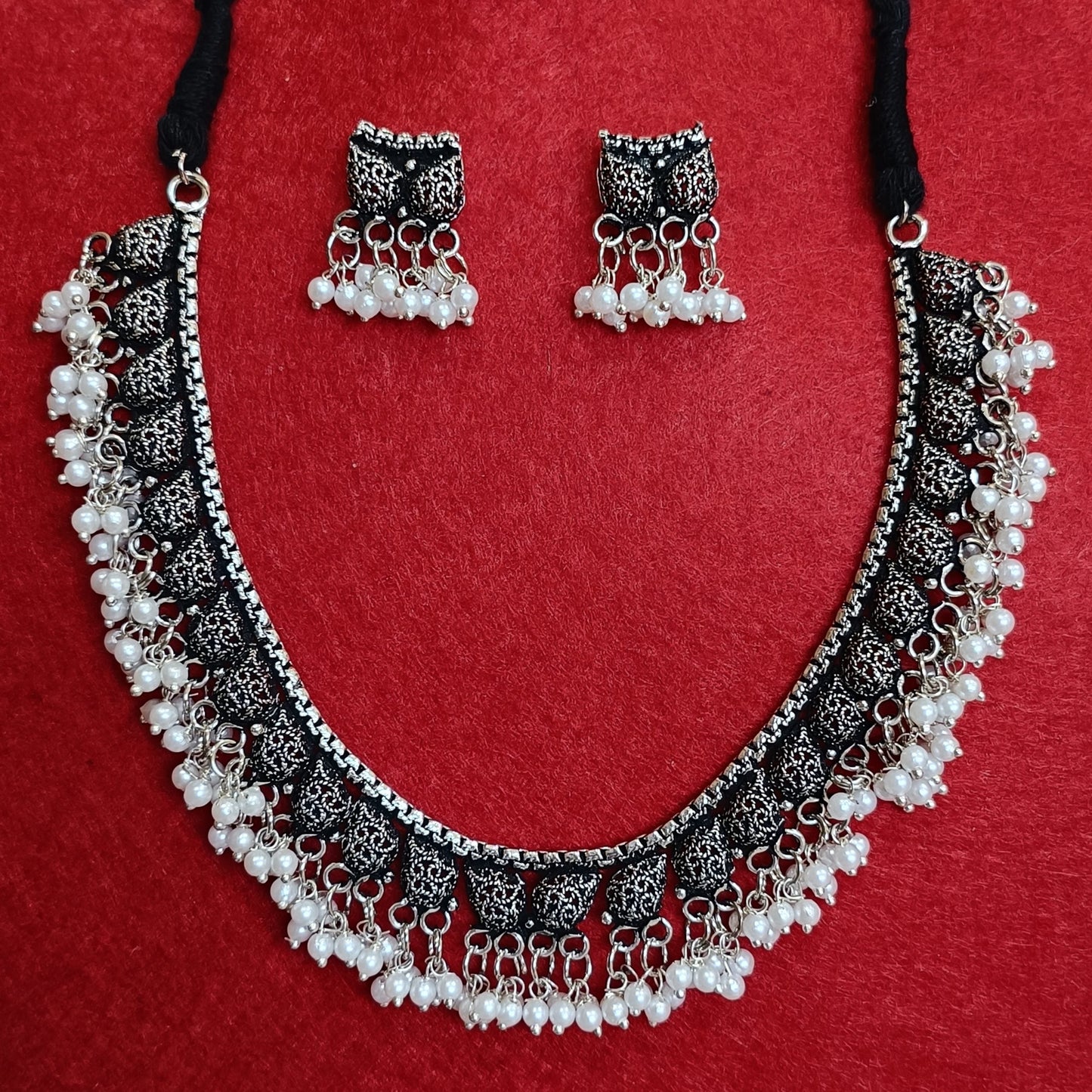 Silver Oxidised Plated Trendy Fashion Pearl Choker Necklace Set-OXDNK 2332