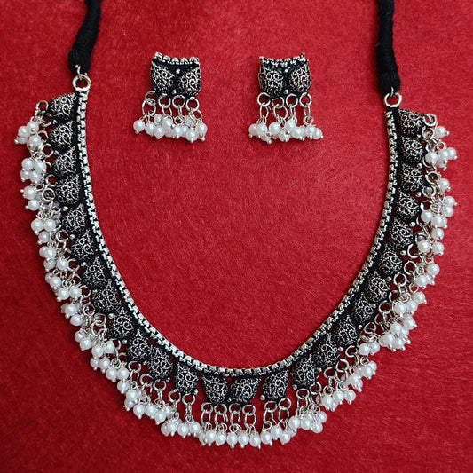 Silver Oxidised Plated Trendy Fashion Pearl Choker Necklace Set-OXDNK 2332