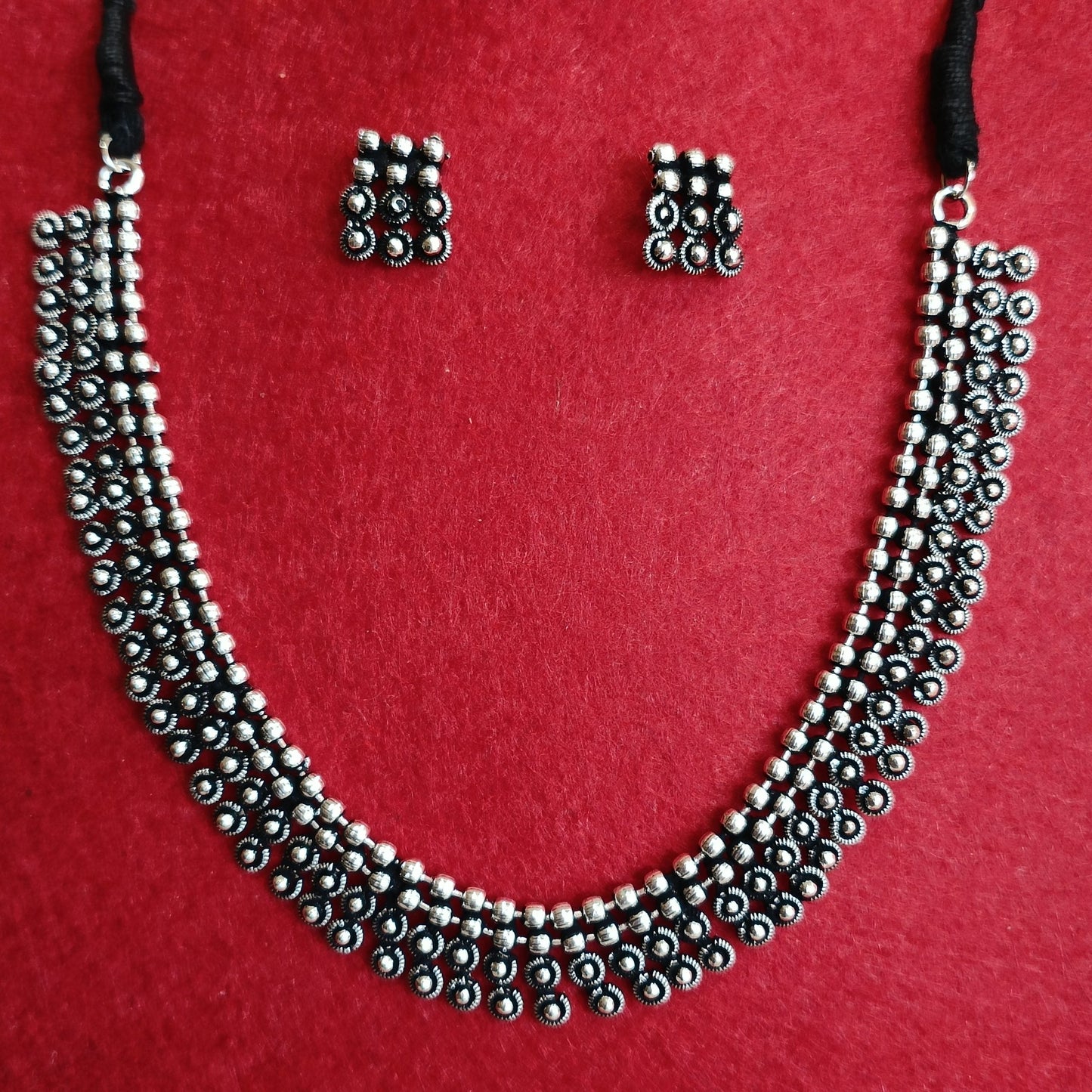 Silver Oxidised Plated Delicate Choker Necklace Set- OXDNK 2333