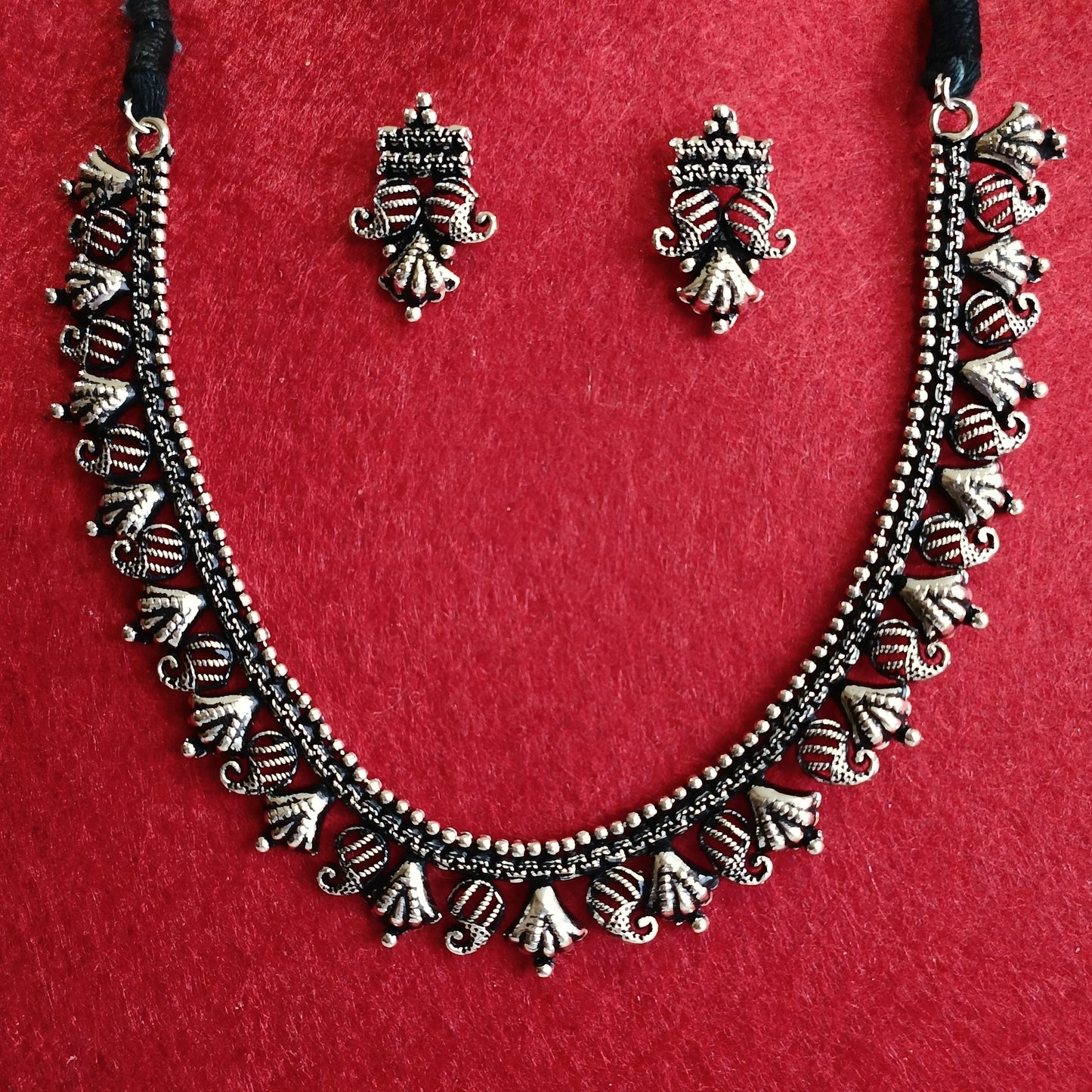 Silver Oxidised Plated Delicate Choker Necklace Set-OXDNK 2335