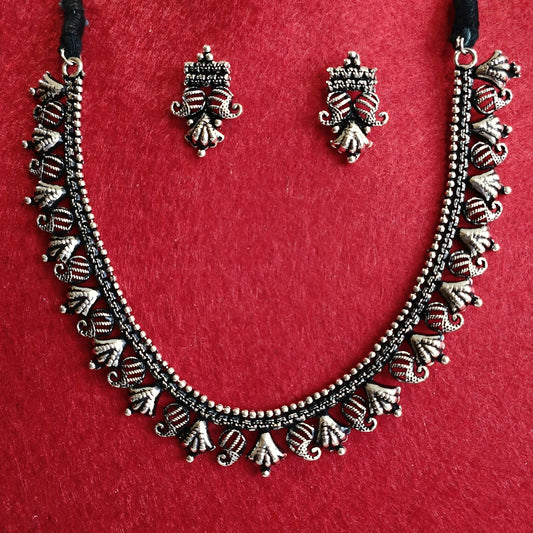 Silver Oxidised Plated Delicate Choker Necklace Set-OXDNK 2335