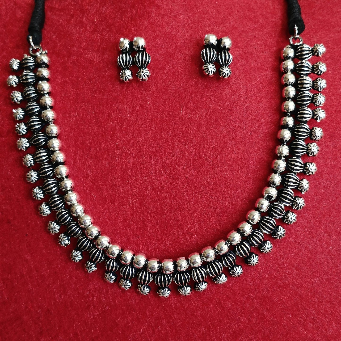 Silver Oxidised Plated Delicate Choker Necklace Set-OXDNK 2338