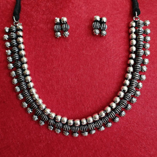 Silver Oxidised Plated Delicate Choker Necklace Set-OXDNK 2338