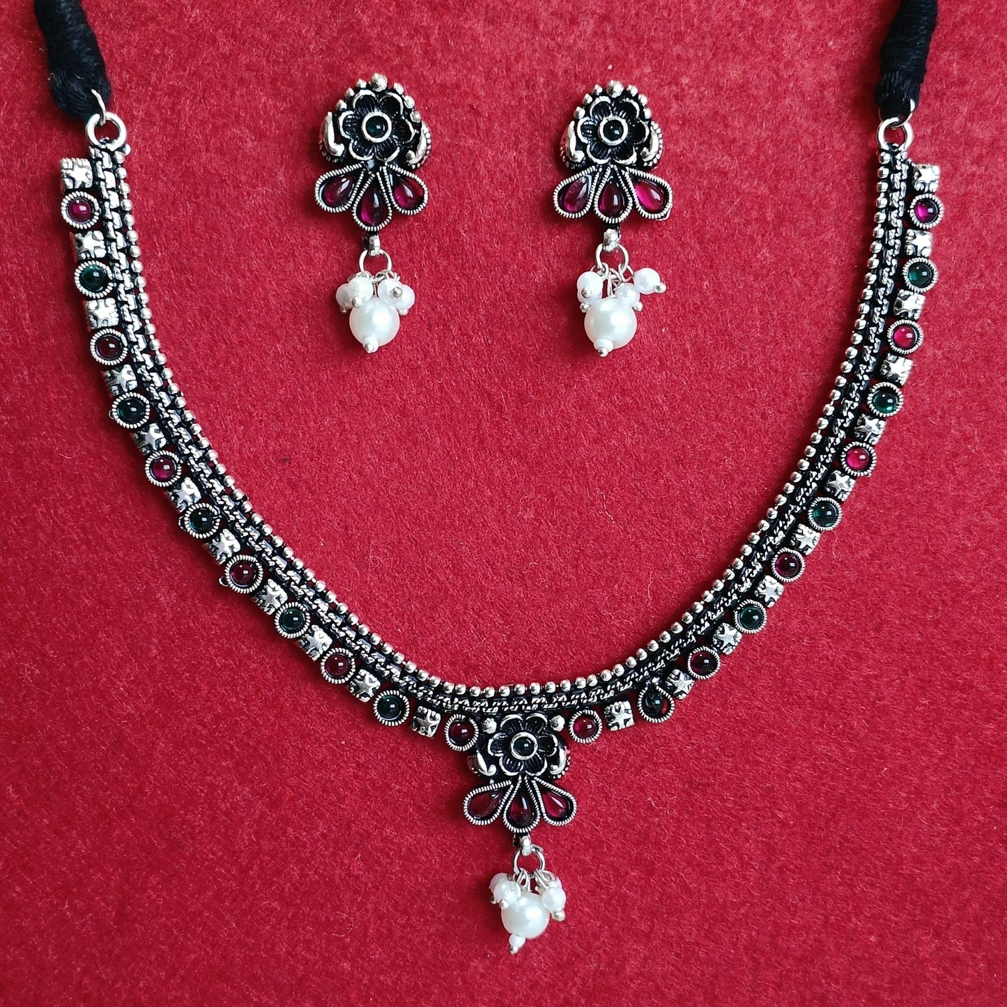 Silver Oxidised Plated Kundan Studded Pearl Choker Necklace Set- OXDNK 2342