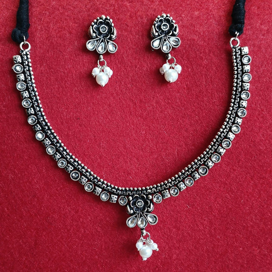 Silver Oxidised Plated Kundan Studded Pearl Choker Necklace Set- OXDNK 2342