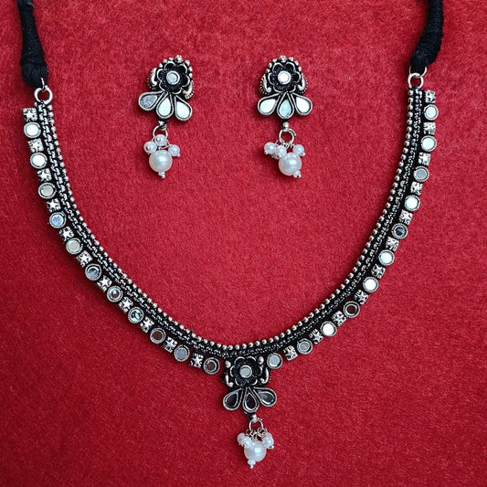 Silver Oxidised Plated Mirror Studded Pearl Choker Necklace Set-OXDNK 2342A