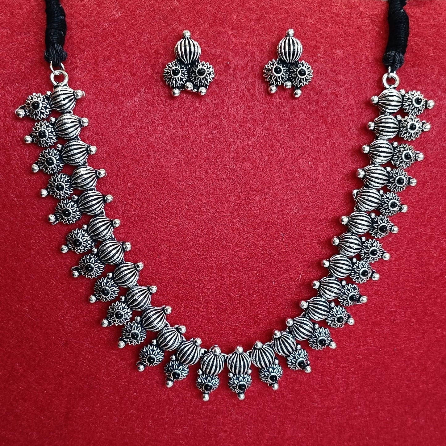 Silver Oxidised Plated Kundan Studded Delicate Choker Necklace Set- OXDNK 2345