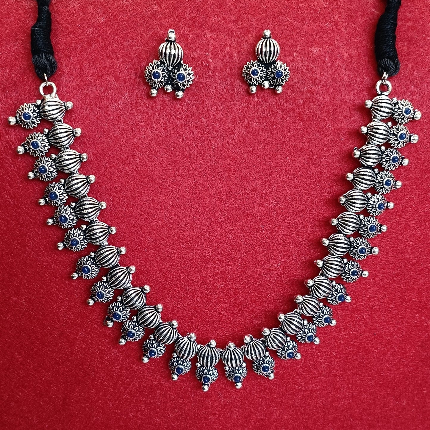 Silver Oxidised Plated Kundan Studded Delicate Choker Necklace Set- OXDNK 2345