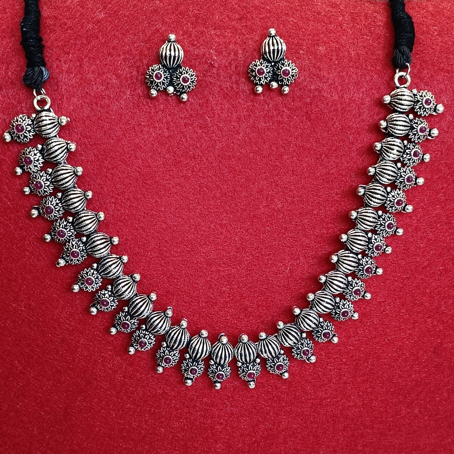 Silver Oxidised Plated Kundan Studded Delicate Choker Necklace Set- OXDNK 2345