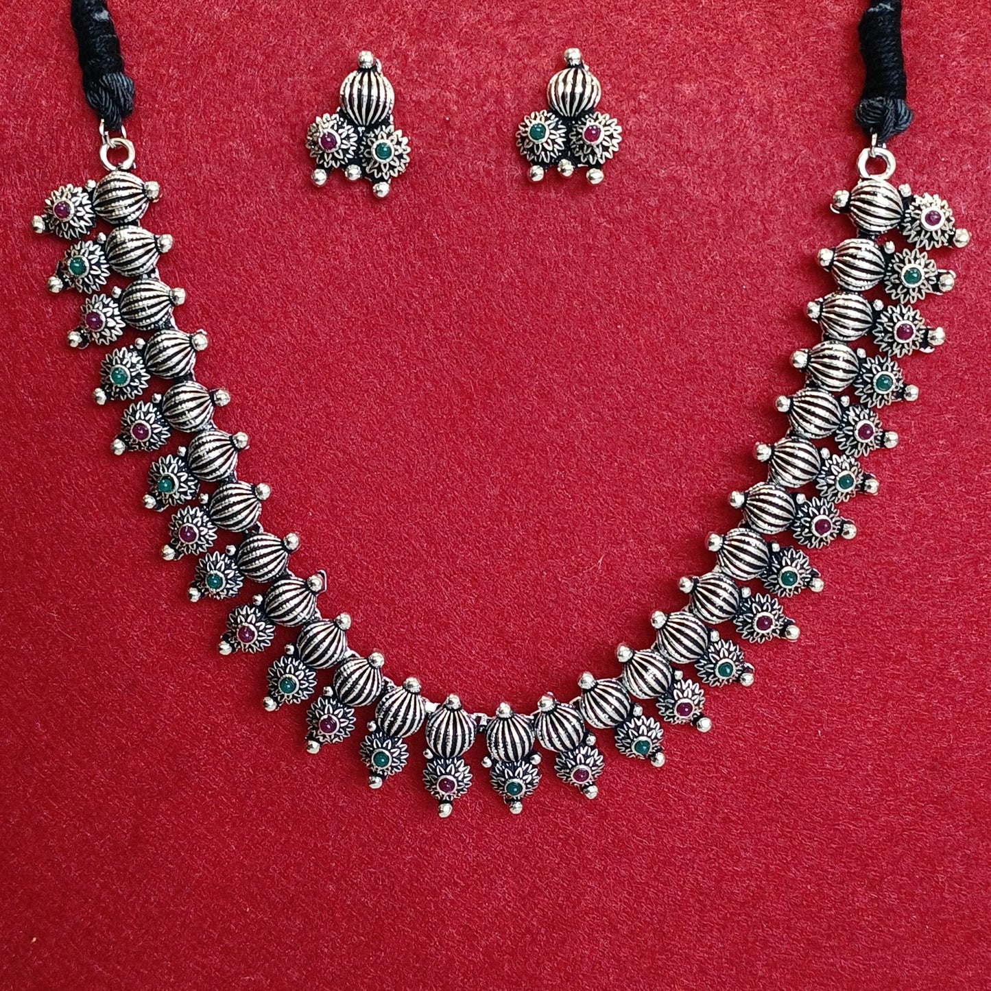 Silver Oxidised Plated Kundan Studded Delicate Choker Necklace Set- OXDNK 2345