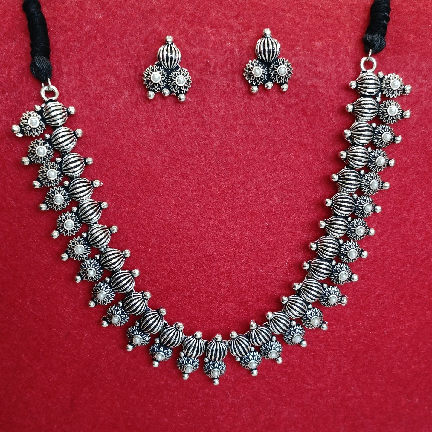 Silver Oxidised Plated Kundan Studded Delicate Choker Necklace Set- OXDNK 2345