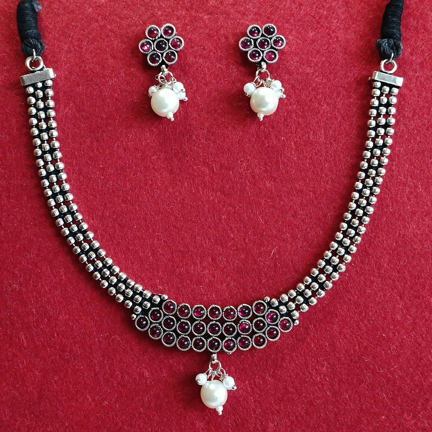 Silver Oxidised Plated Kundan Studded Delicate Design Pearl Choker Necklace Set- OXDNK 2347