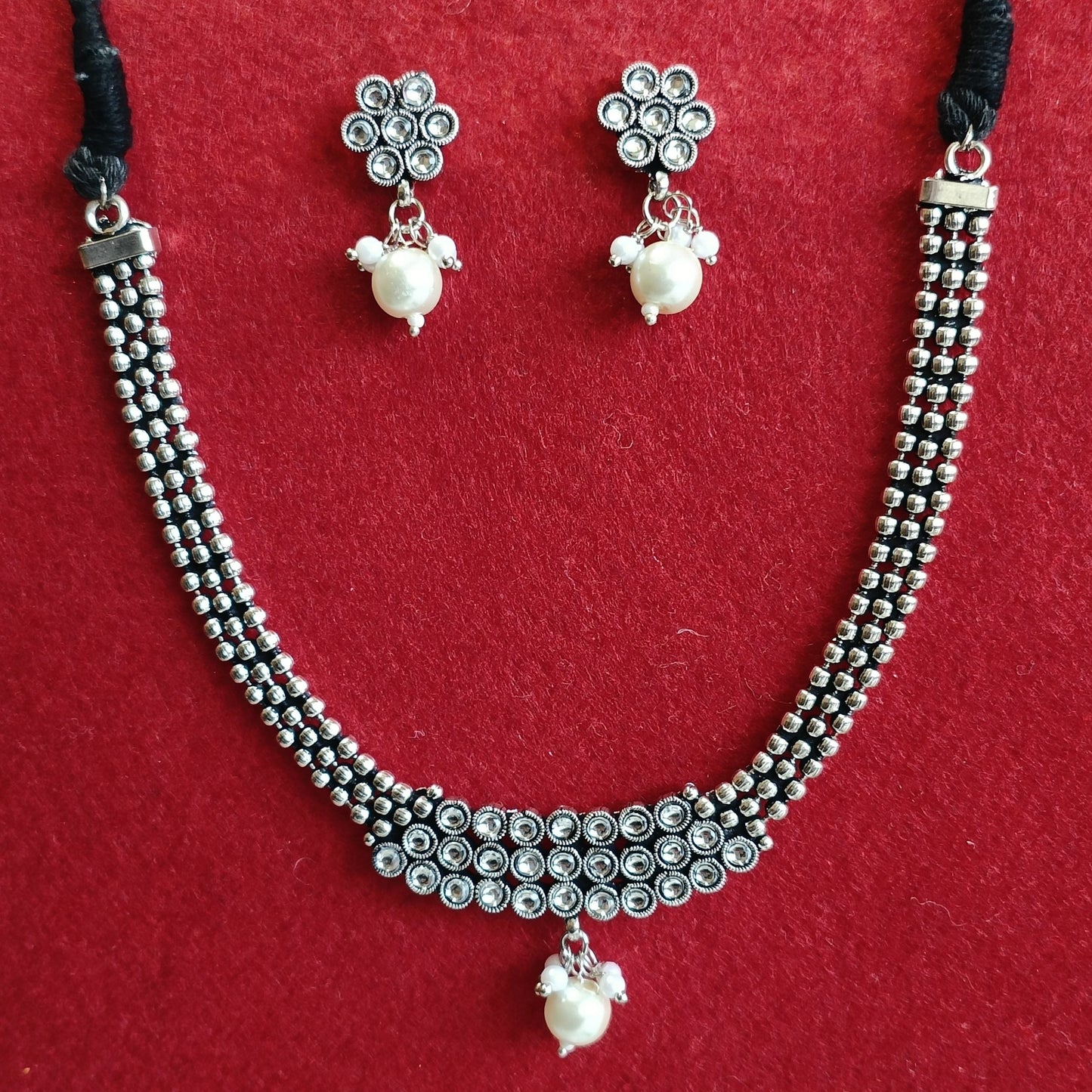 Silver Oxidised Plated Kundan Studded Delicate Design Pearl Choker Necklace Set- OXDNK 2347