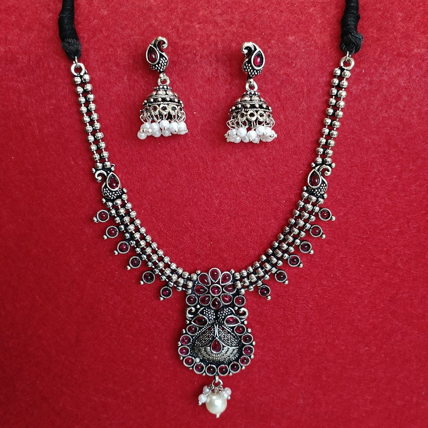 Silver Oxidised Plated Kundan Studded Trendy Design Pearl Choker Necklace Set- OXDNK 2349