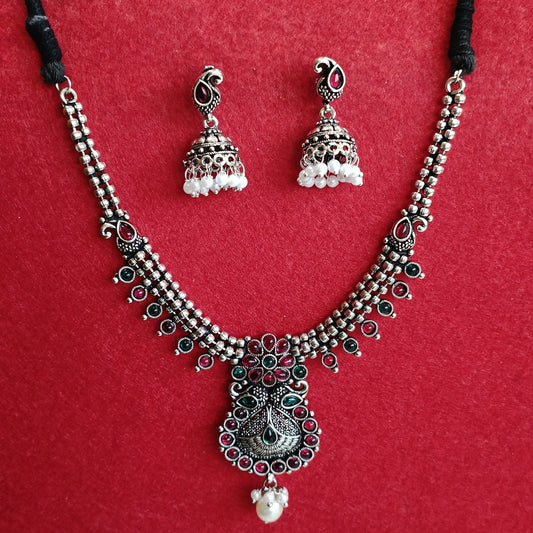 Silver Oxidised Plated Kundan Studded Trendy Design Pearl Choker Necklace Set- OXDNK 2349
