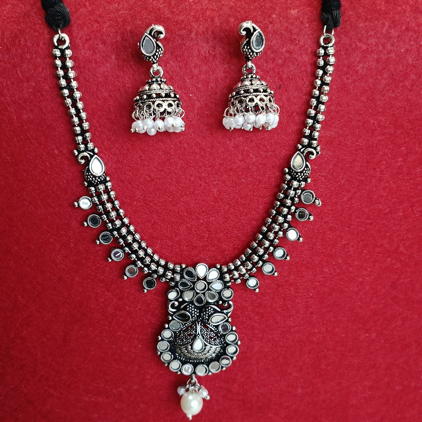 Silver Oxidised Plated Mirror Studded Trendy Design Pearl Choker Necklace Set- OXDNK 2349A