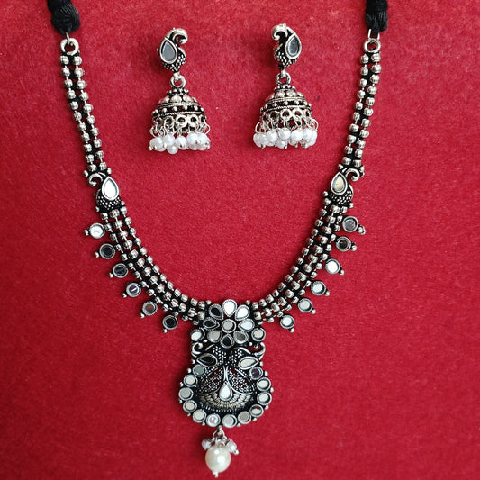 Silver Oxidised Plated Mirror Studded Trendy Design Pearl Choker Necklace Set- OXDNK 2349A