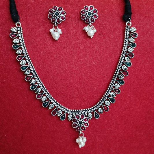 Silver Oxidised Plated Flower Design Kundan Studded Choker Necklace Set- OXDNK 2353
