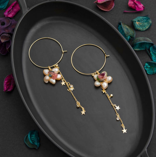 24 Carat Guaranteed Gold Plated Round Shaped Droplet Floral Freshwater Natural Cultural Pearl &amp; Crystal With Star Hanging Chain Fashion Earring-PER 2108