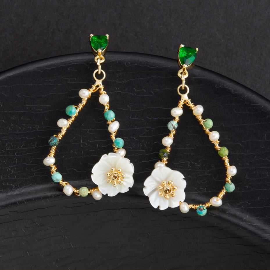 24 Carat Guaranteed Gold Plated Teardrop Shaped Freshwater Natural Cultural Pearl &amp; Flower Decorate Fashion Drop Earring-PER 2115