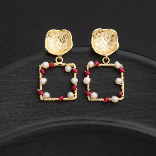 24 Carat Guaranteed Gold Plated Geometric Shaped Wire Wrapped Freshwater Natural Cultural Pearl Beads Fashion Drop Earring-PER 2116