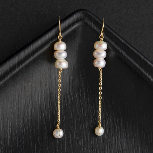 24 Carat Guaranteed Gold Plated Hanging Chain Freshwater Natural Cultural Pearl Fashion Drop Earring- PER 2126