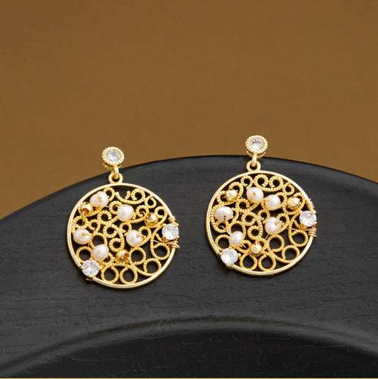 24 Carat Guaranteed Gold Plated Round Shaped Design Wire Wrapped of Freshwater Natural Cultural Pearl Beads With CZ Stone Fashion Drop Earring- PER 2139