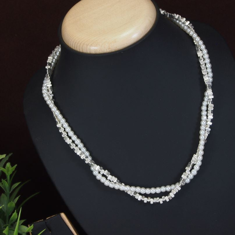 Two Layer Silver Metal Pearl Necklace