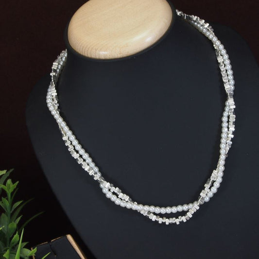Two Layer Silver Metal Pearl Necklace