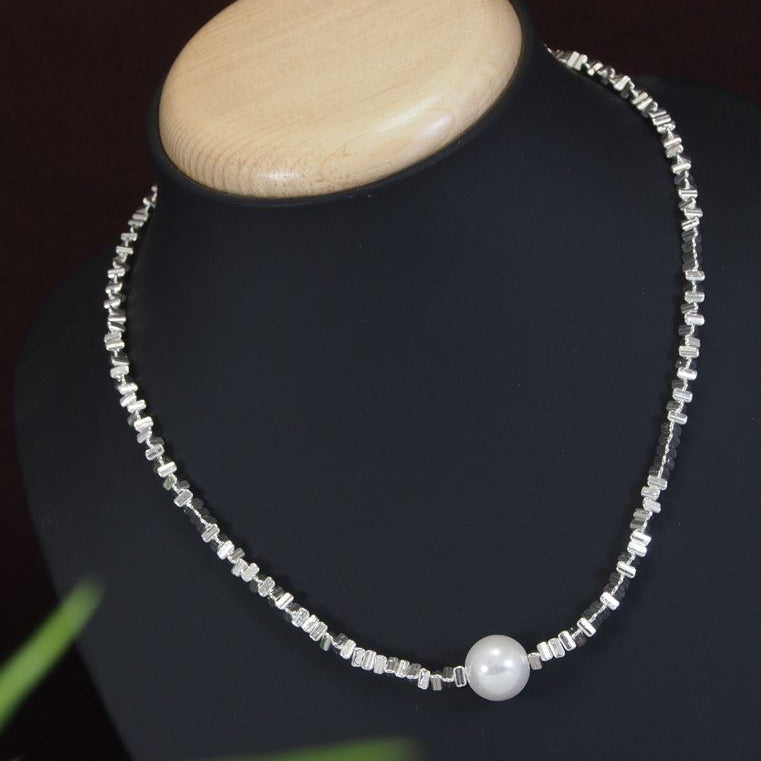 Silver Metal White Pearl Pendent Necklace