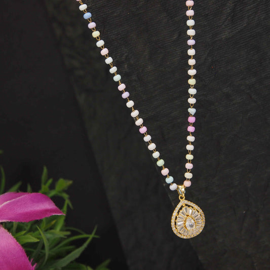 Stainless Steel Tear Drop Shaped Pendent Pearl Chain Necklace