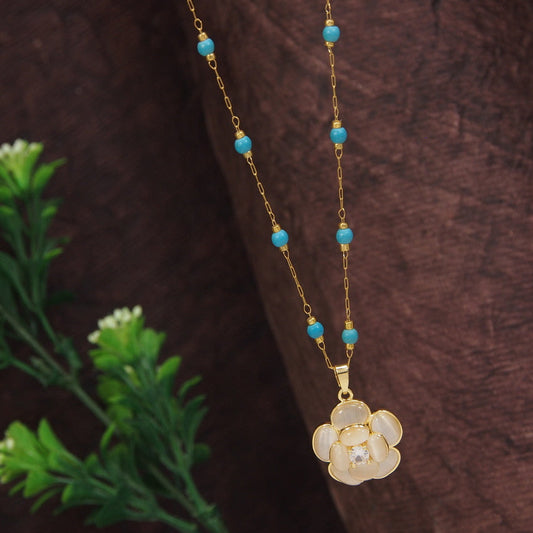 Stainless Steel Floral Pendent Pearl Chain Necklace