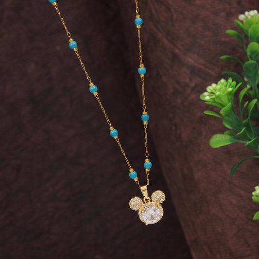 Stainless Steel Mickey Face Pendent Pearl Chain Necklace